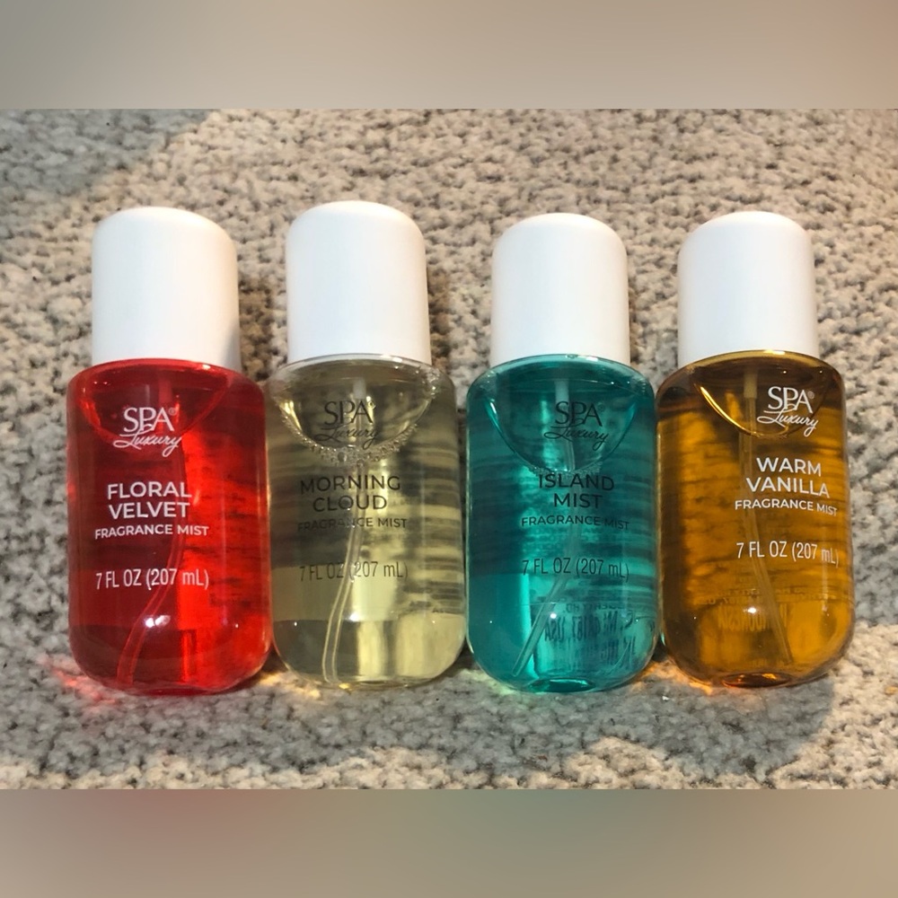 Spa Luxury Fragrance Mists Warm Vanilla, Morning Cloud, Floral Velvet, Island.